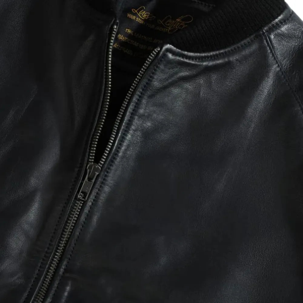 Black Bomber Style Ribbed Leather Jacket