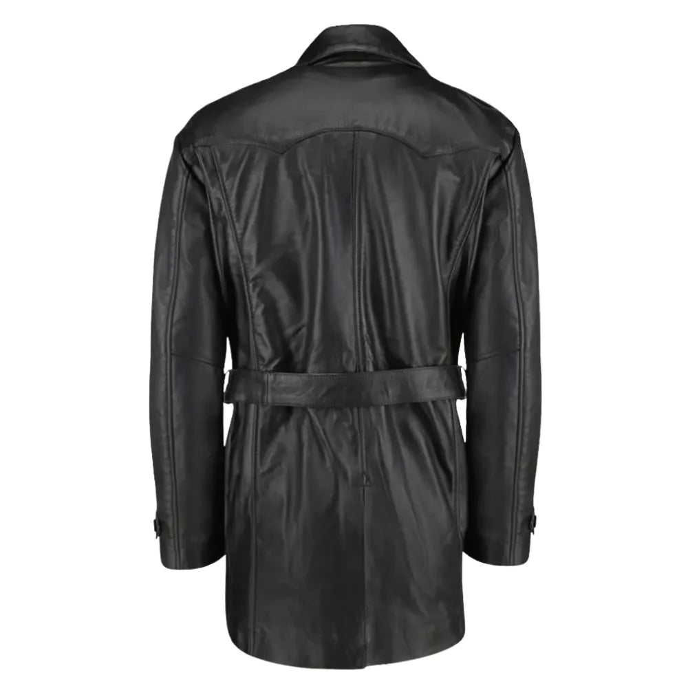 Black leather belted and double breasted trench coat