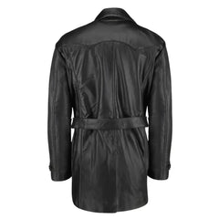Black leather belted and double breasted trench coat