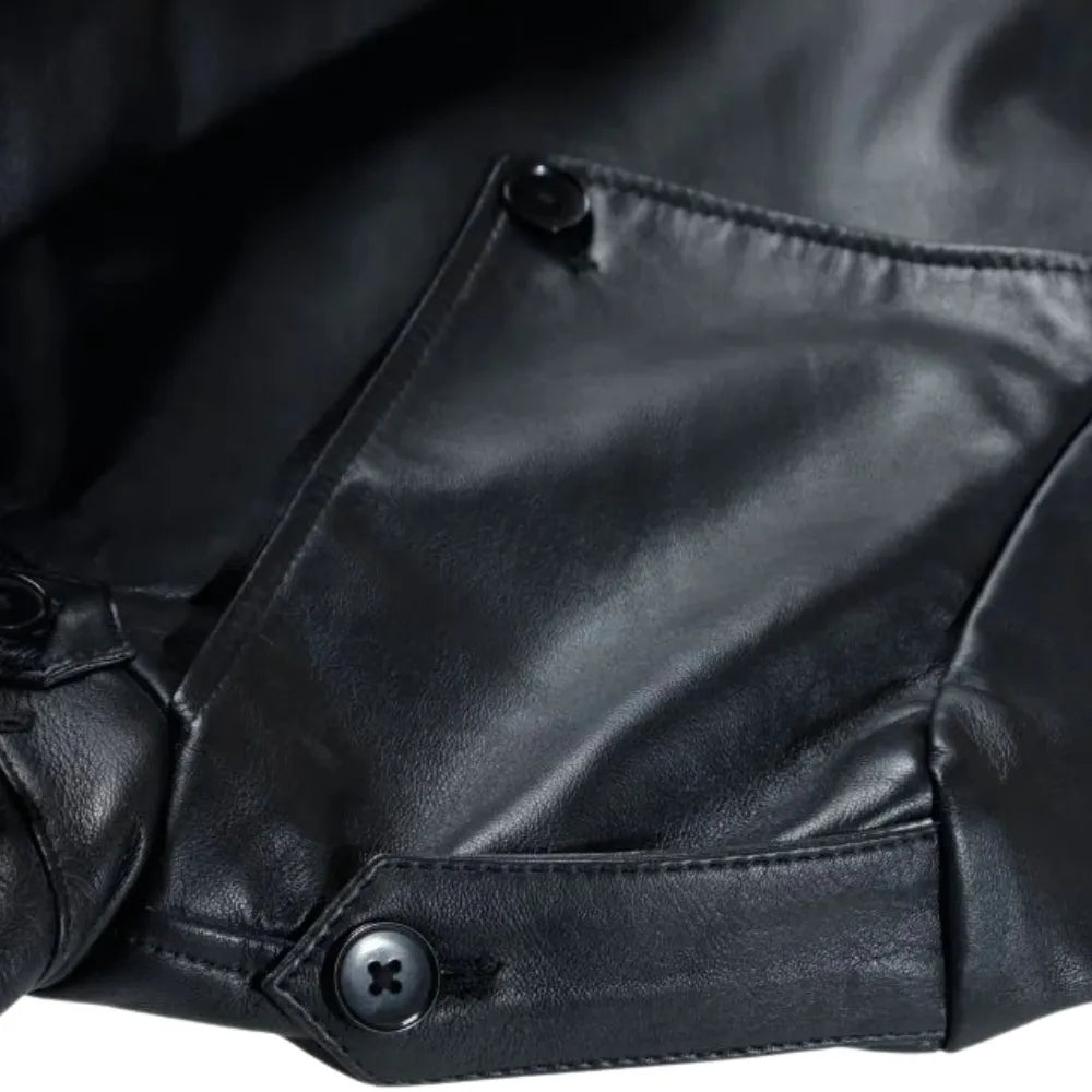 Black leather belted and double breasted trench coat