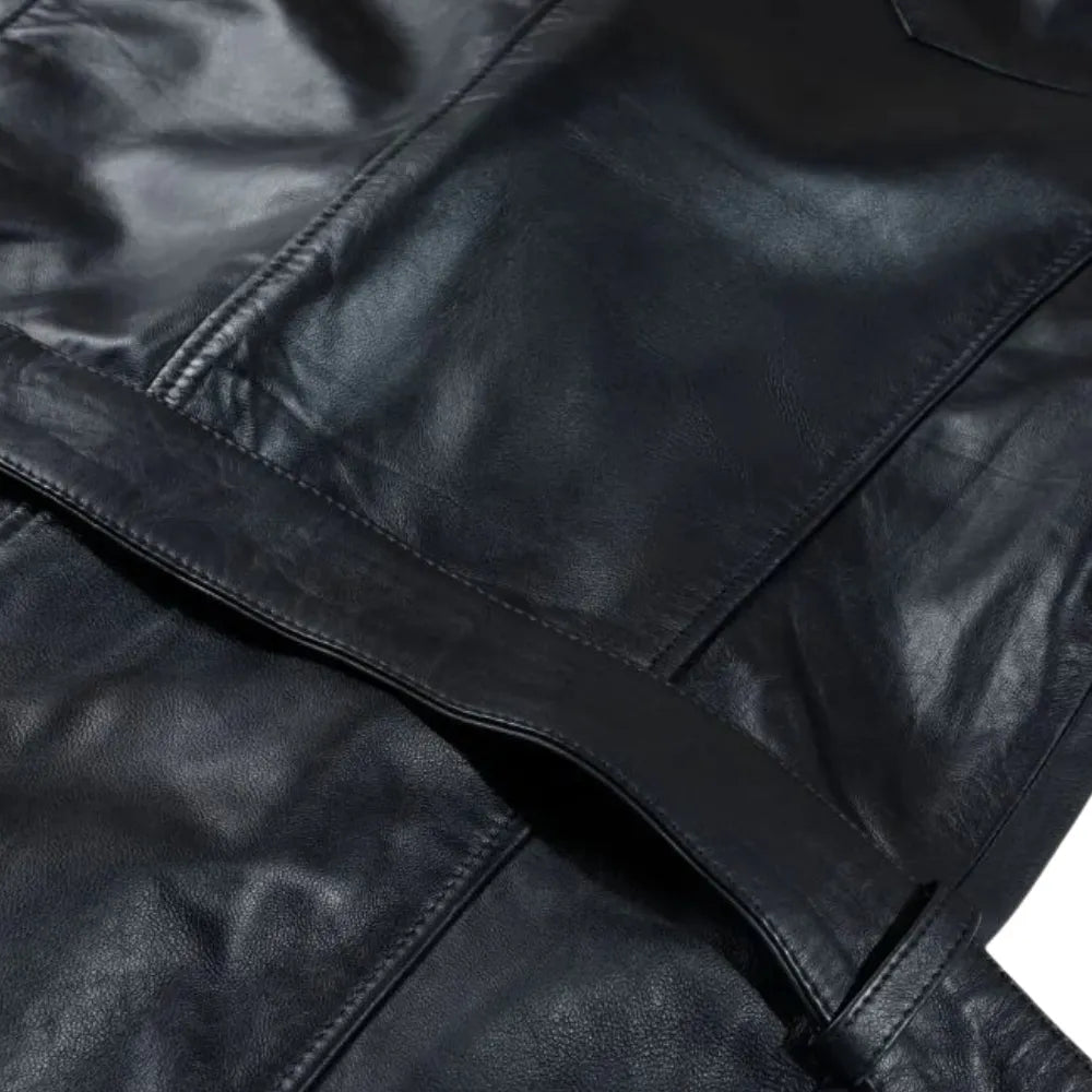 Black leather belted and double breasted trench coat