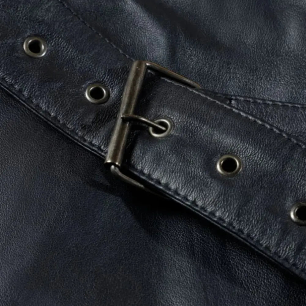 Black leather belted and double breasted trench coat