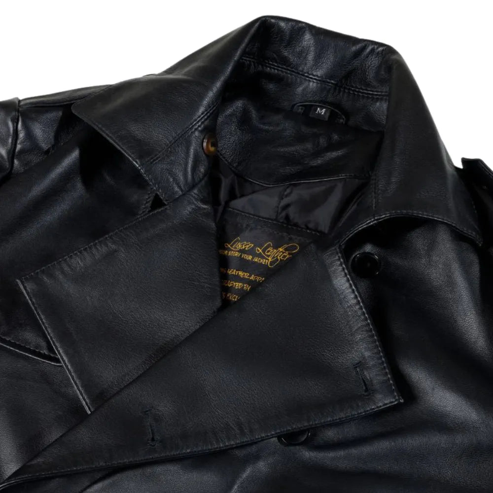 Black leather belted and double breasted trench coat