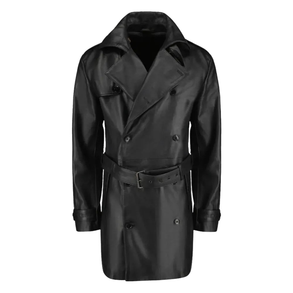 Black leather belted and double breasted trench coat