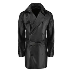 Black leather belted and double breasted trench coat