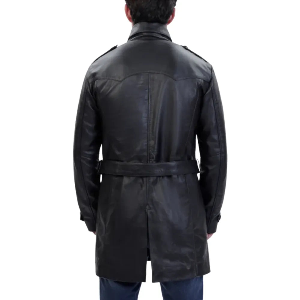 Black leather belted and double breasted trench coat