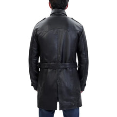 Black leather belted and double breasted trench coat