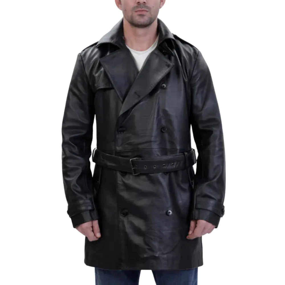 Black leather belted and double breasted trench coat
