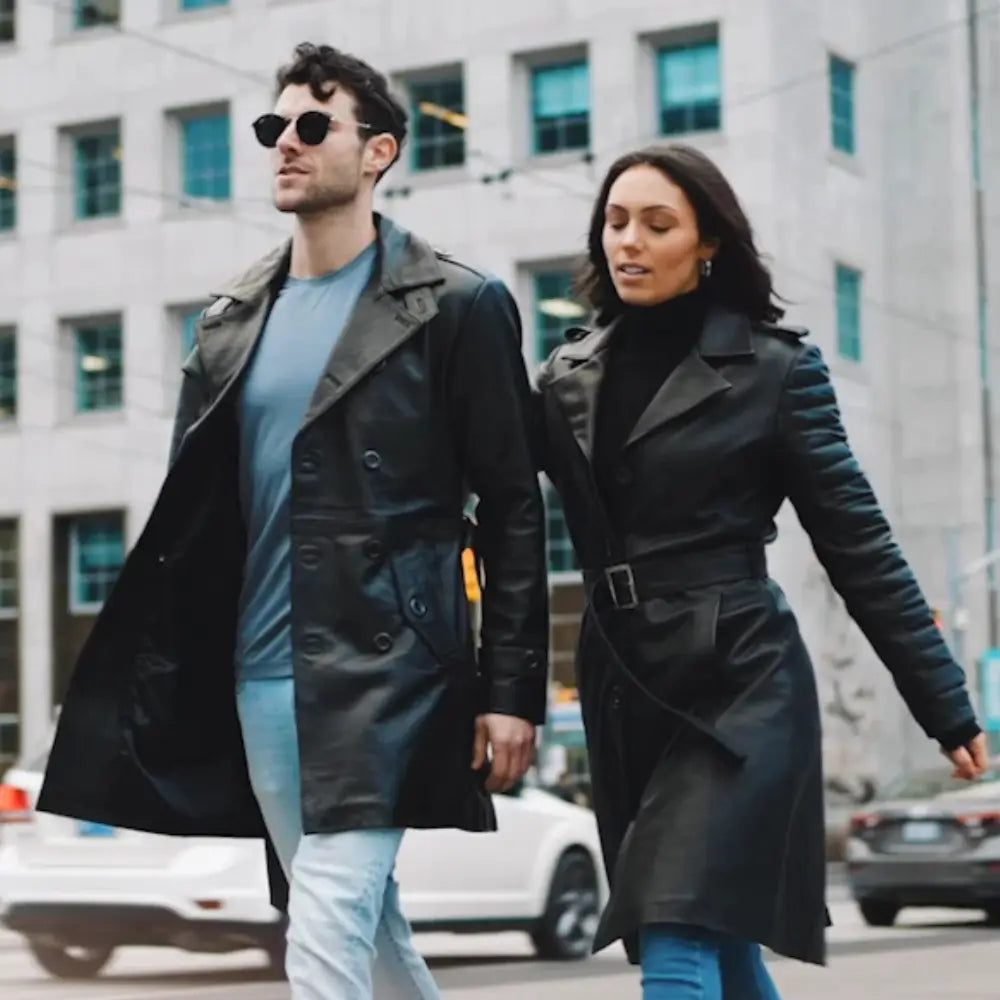 Black leather belted and double breasted trench coat