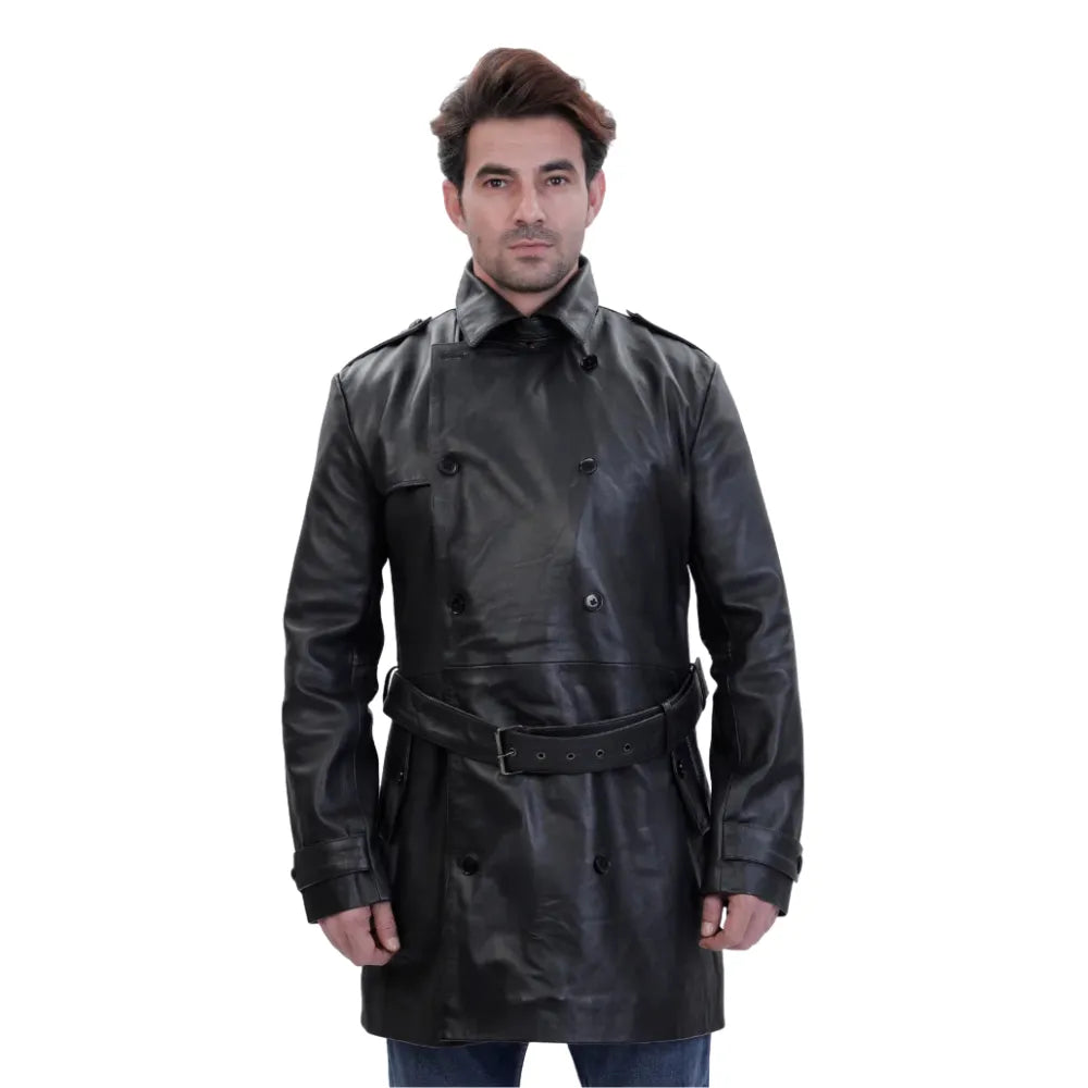Black leather belted and double breasted trench coat