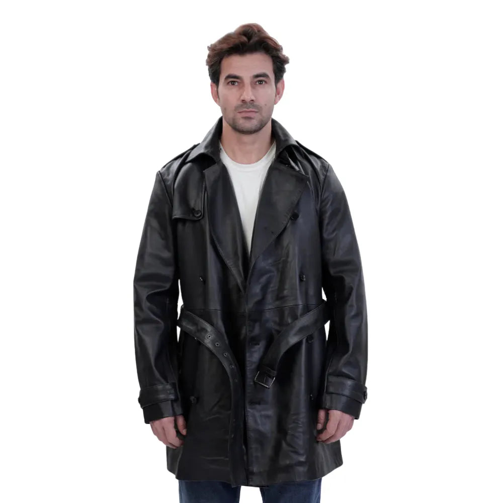 Black leather belted and double breasted trench coat