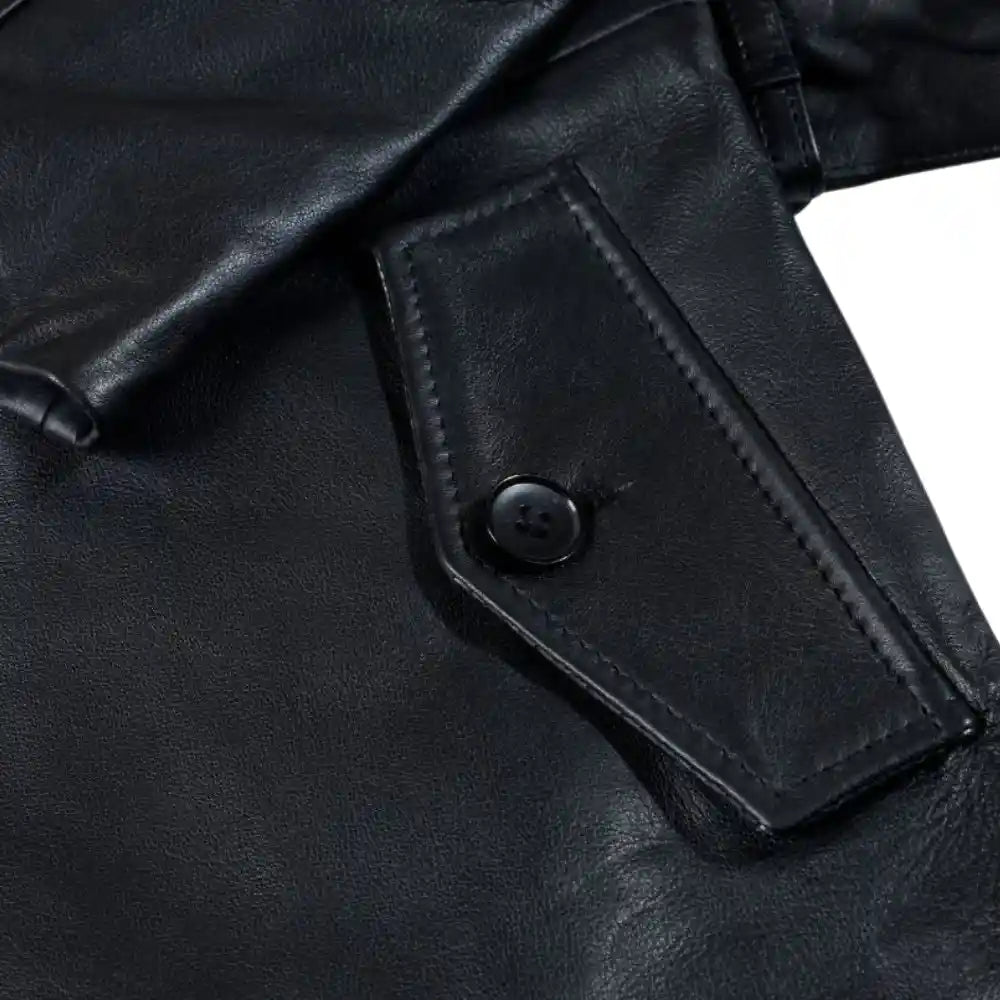 Black leather belted and double breasted trench coat