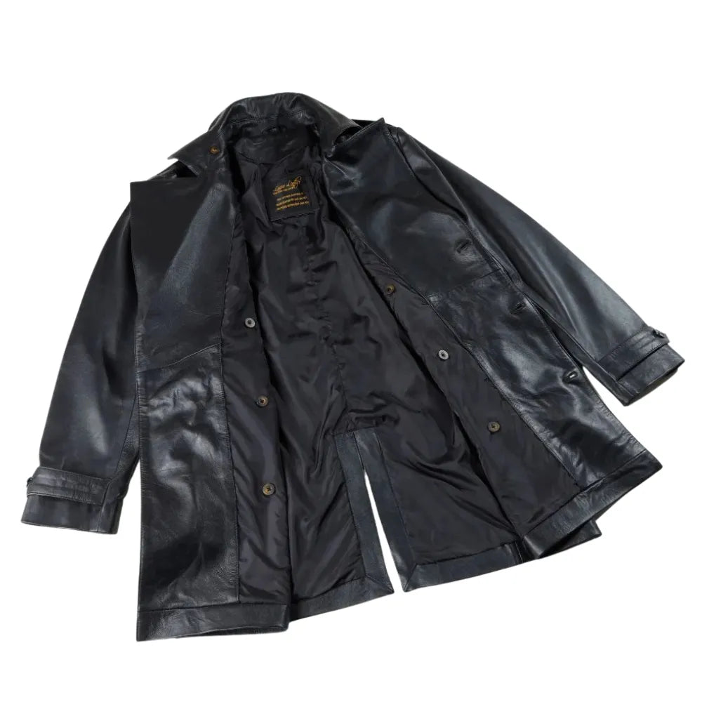 Black leather belted and double breasted trench coat