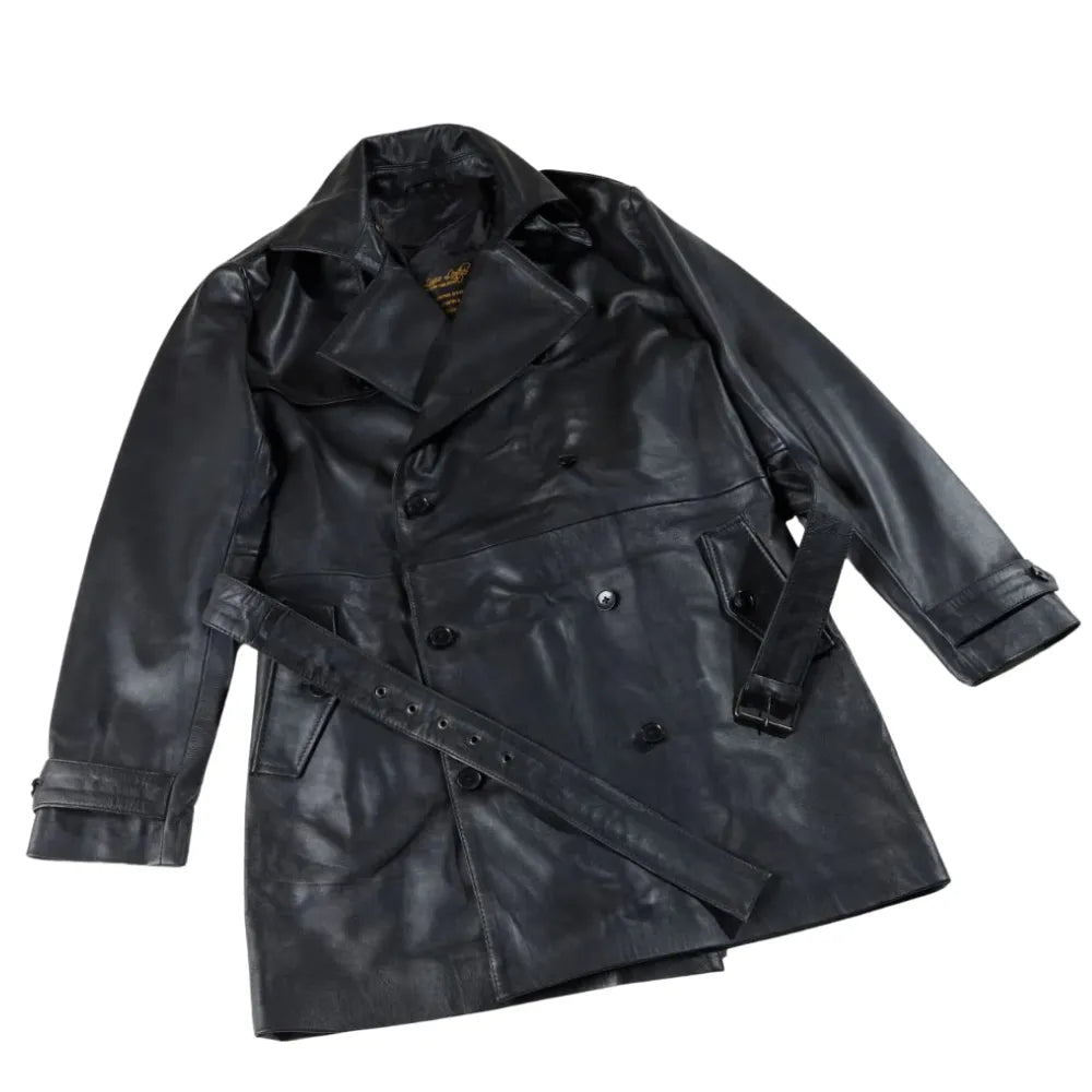 Black leather belted and double breasted trench coat