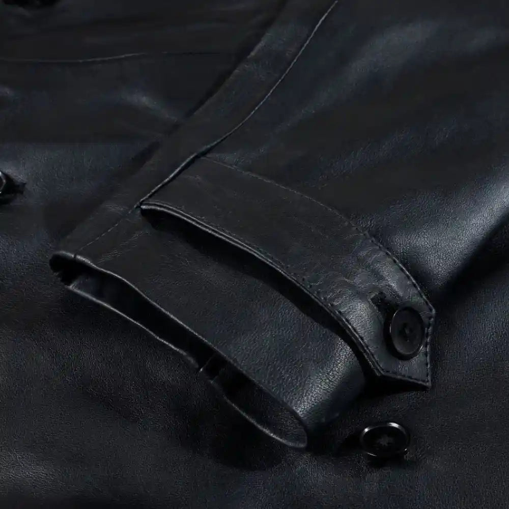 Black leather belted and double breasted trench coat