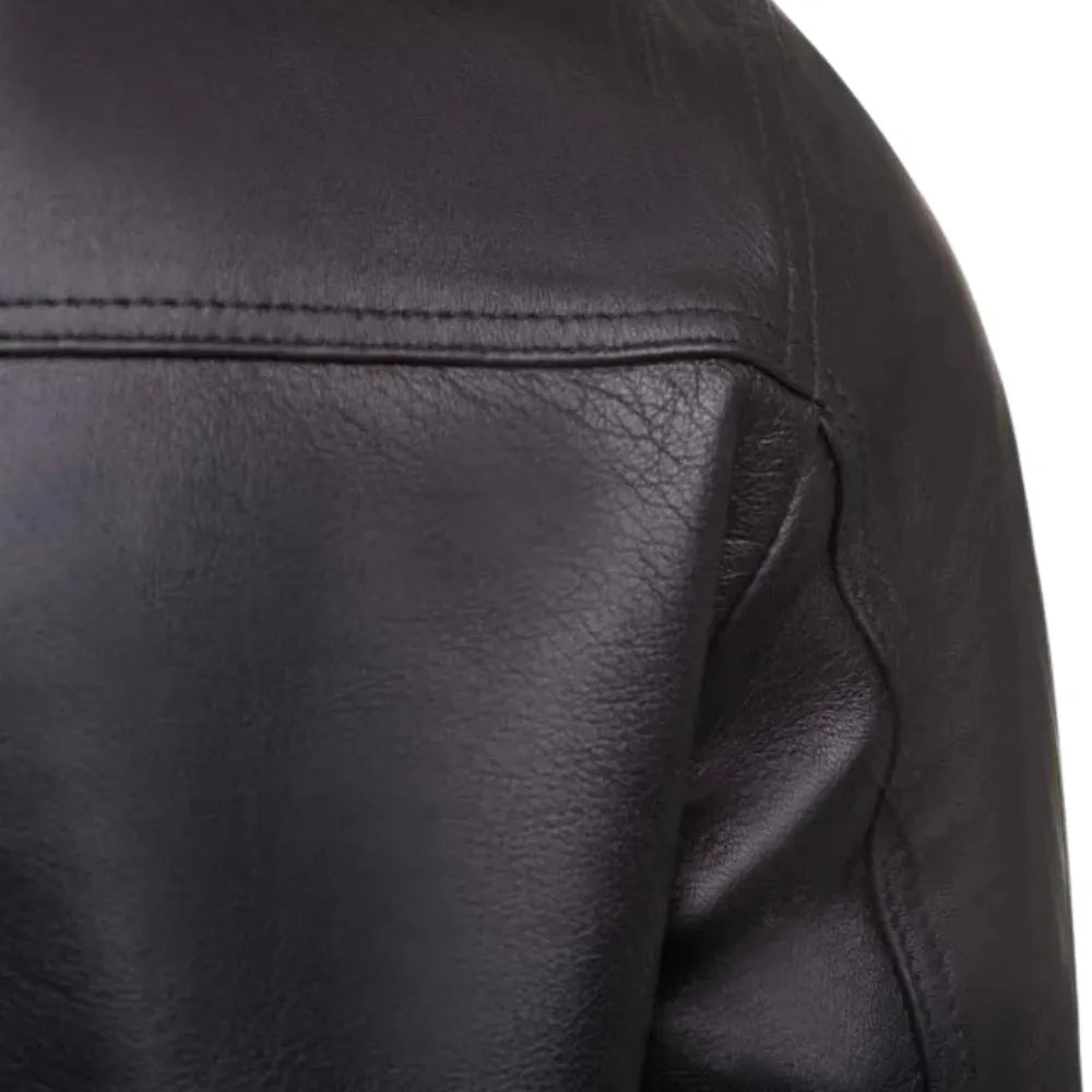 Black Leather Jacket with Straight Ribbed Collar