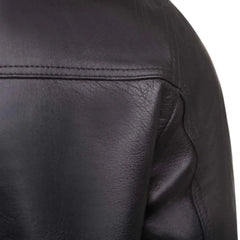 Black Leather Jacket with Straight Ribbed Collar