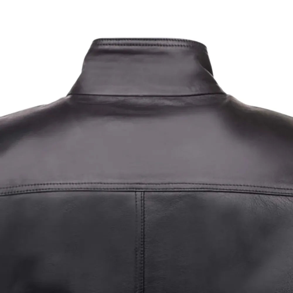 Black Leather Jacket with Straight Ribbed Collar