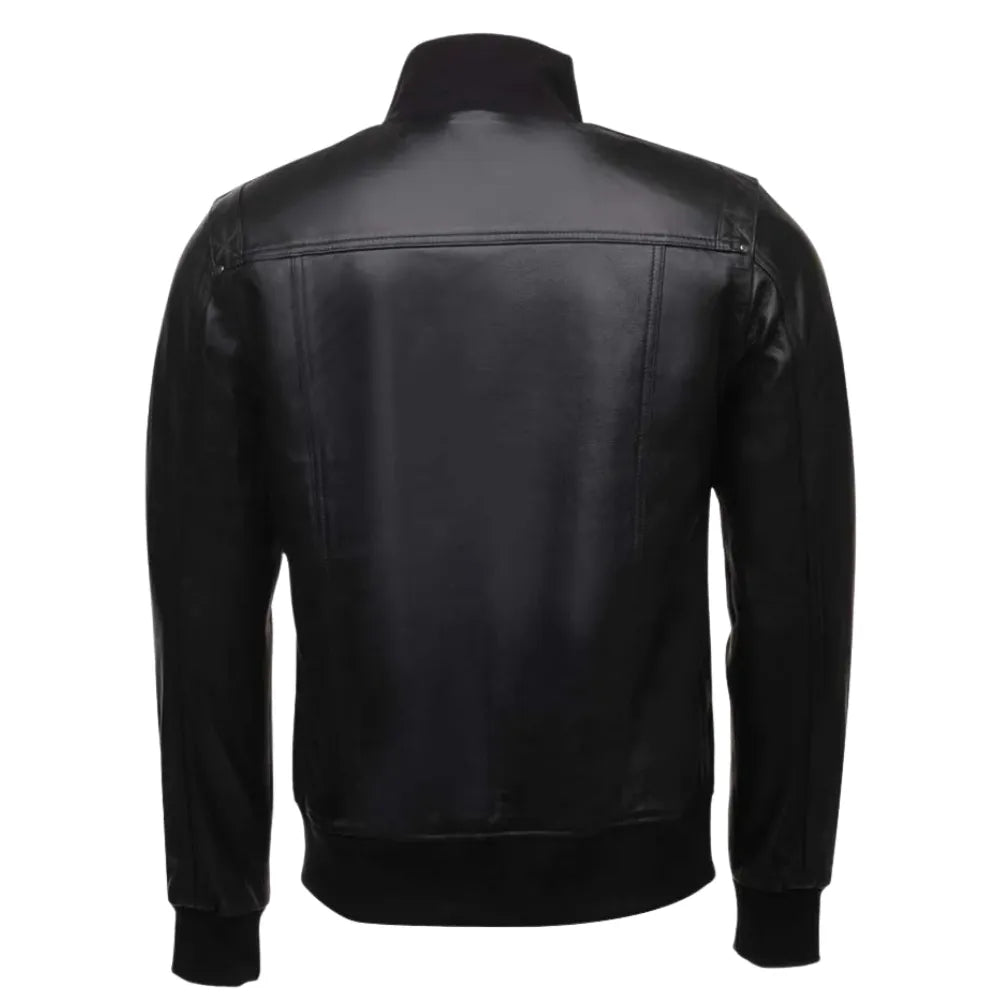 Black Leather Jacket with Straight Ribbed Collar