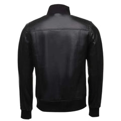 Black Leather Jacket with Straight Ribbed Collar
