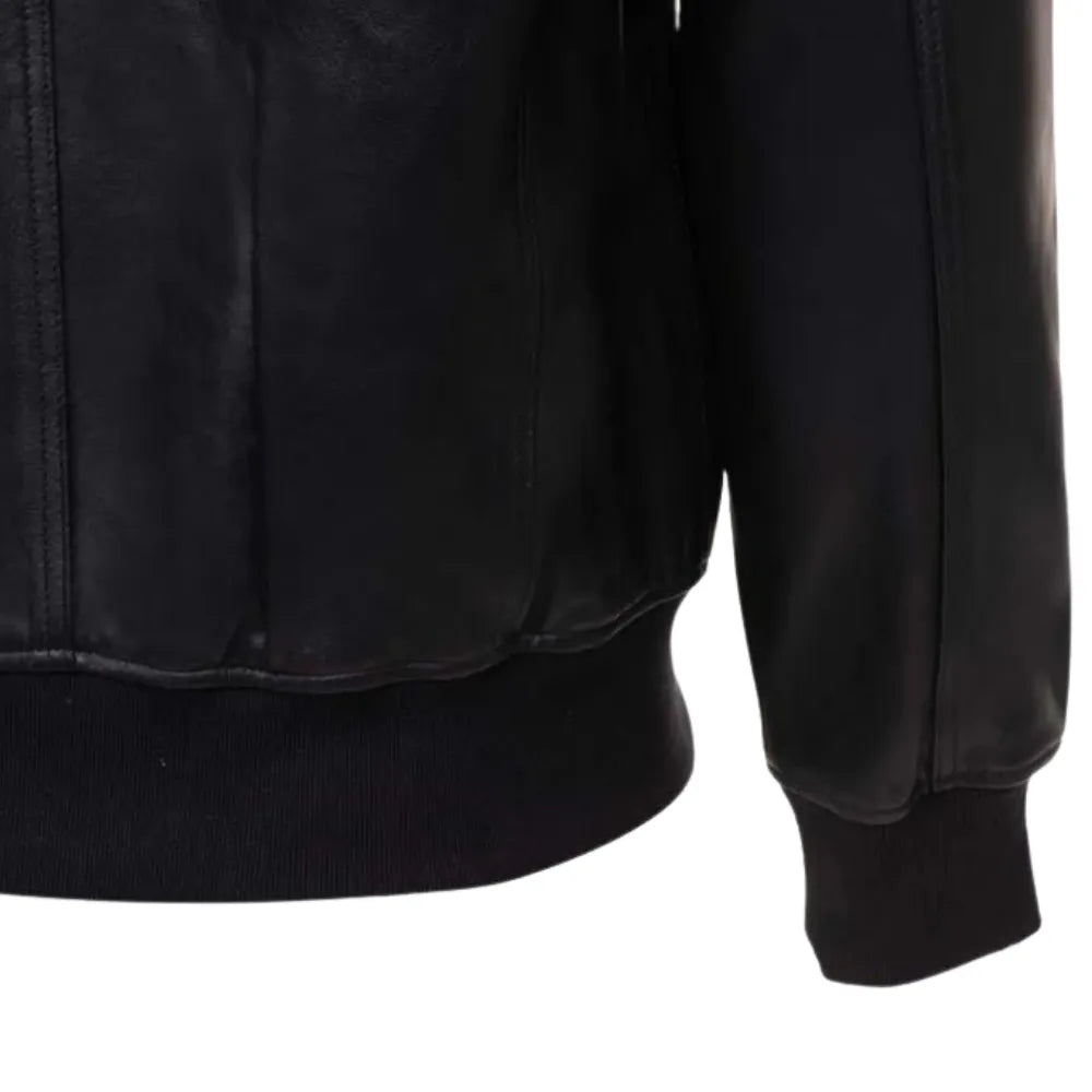 Black Leather Jacket with Straight Ribbed Collar