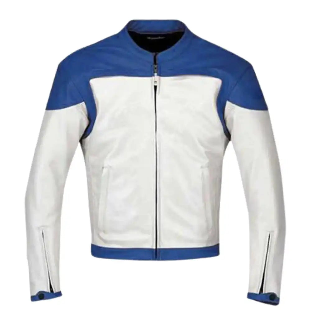Blue & White Armored Leather Motorcycle Jacket