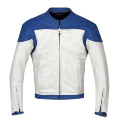 Blue & White Armored Leather Motorcycle Jacket