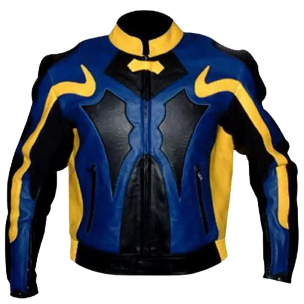 Blue & Yellow Armored Leather Motorcycle Jacket
