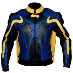 Blue & Yellow Armored Leather Motorcycle Jacket