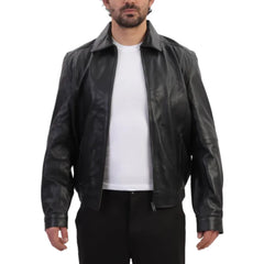 Bomber Leather Jacket with Spread Collars