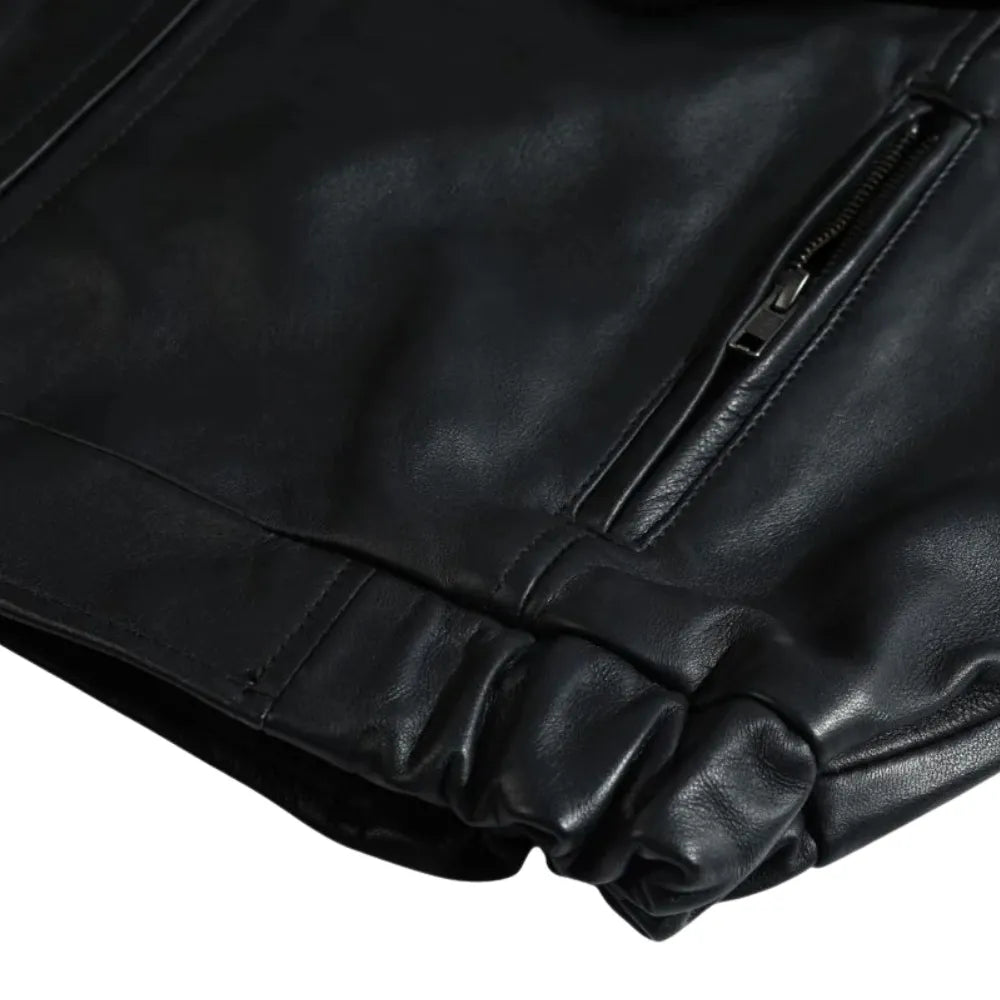 Bomber Leather Jacket with Spread Collars