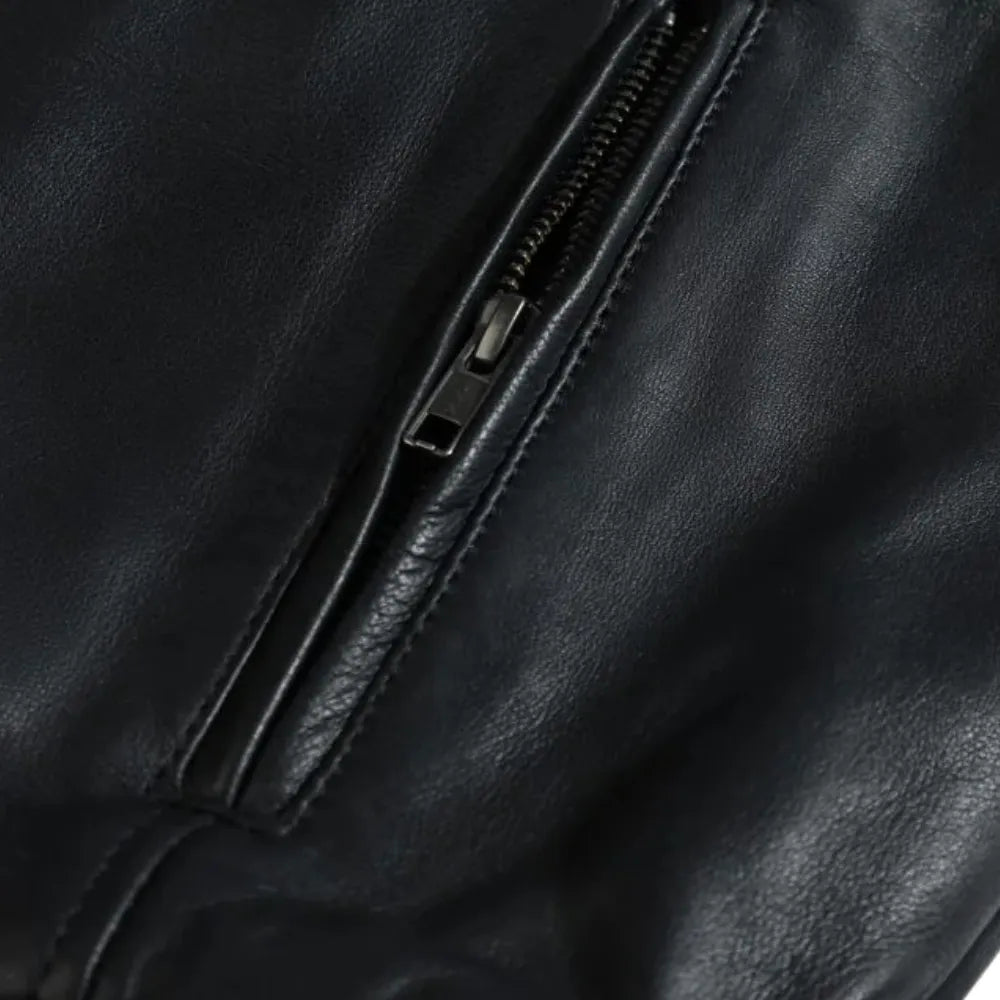 Bomber Leather Jacket with Spread Collars