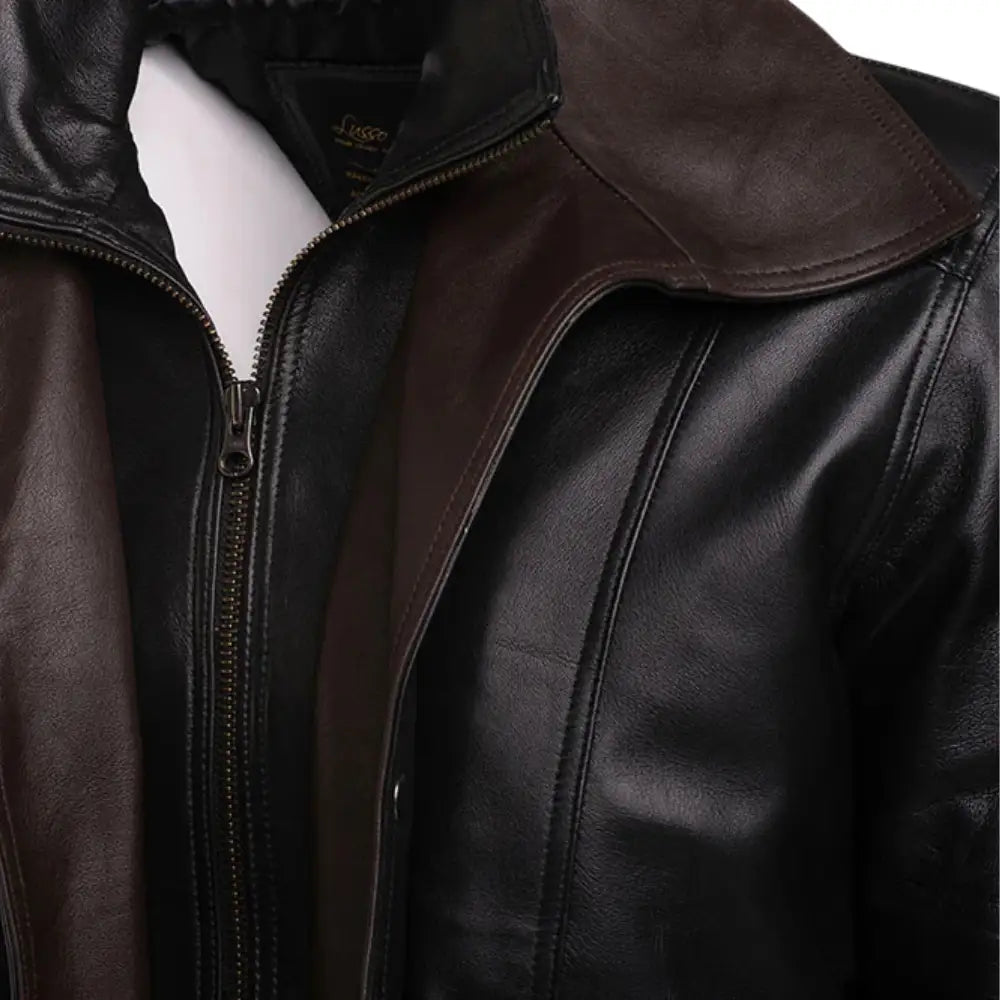 Byrne's brown and black Aviator style leather jacket with spread collars