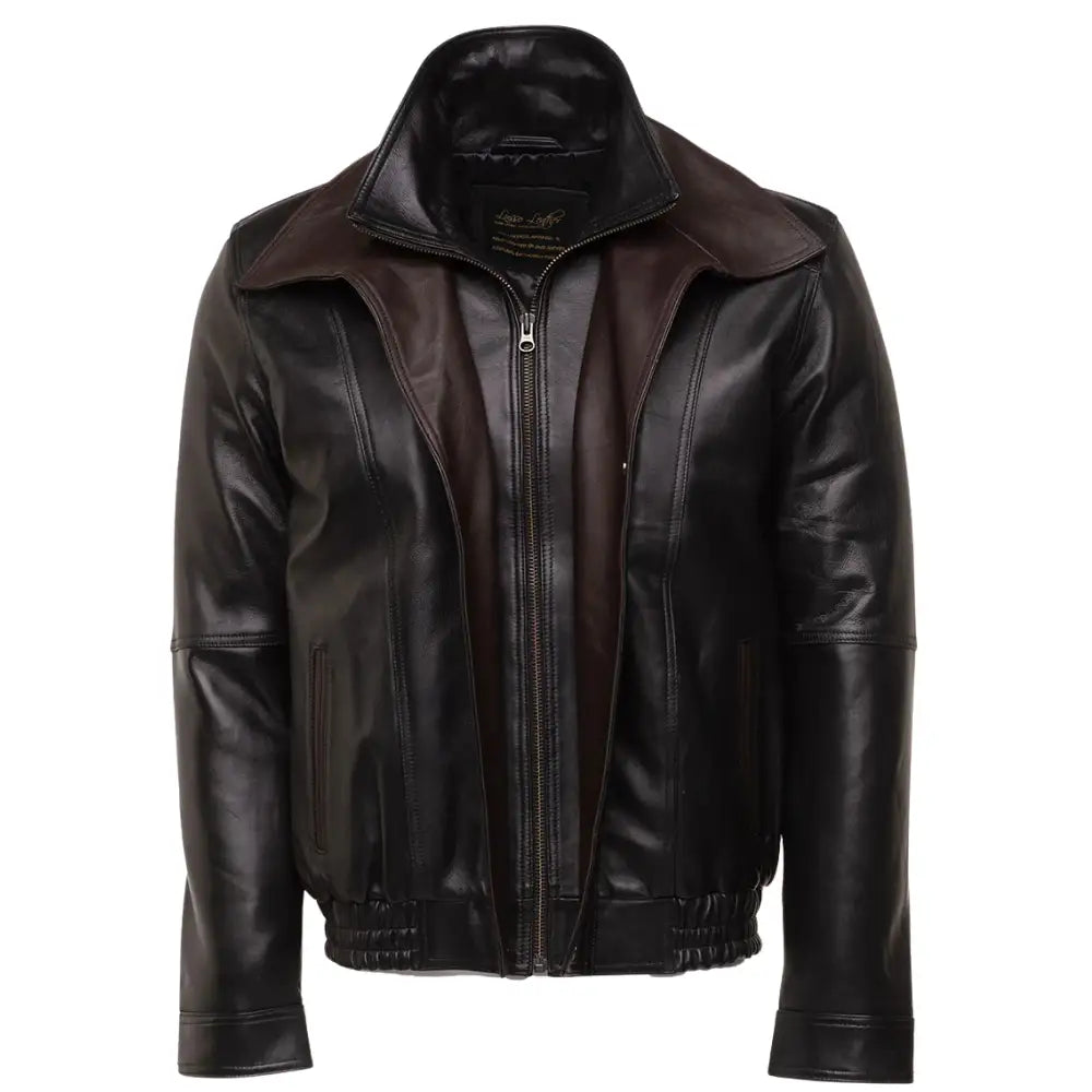 Byrne's brown and black Aviator style leather jacket with spread collars
