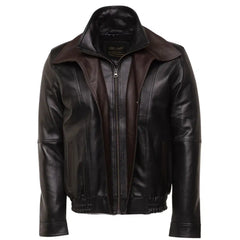 Byrne's brown and black Aviator style leather jacket with spread collars
