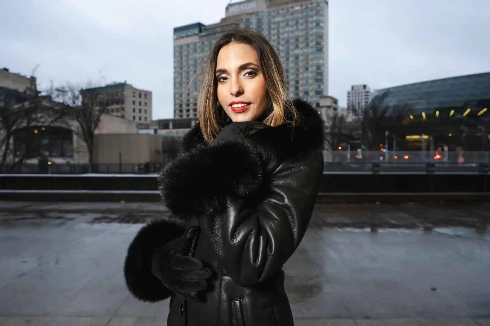 Caitlan's Black Shearling Sheepskin Full Length Long Coat With Fox Fur Trim