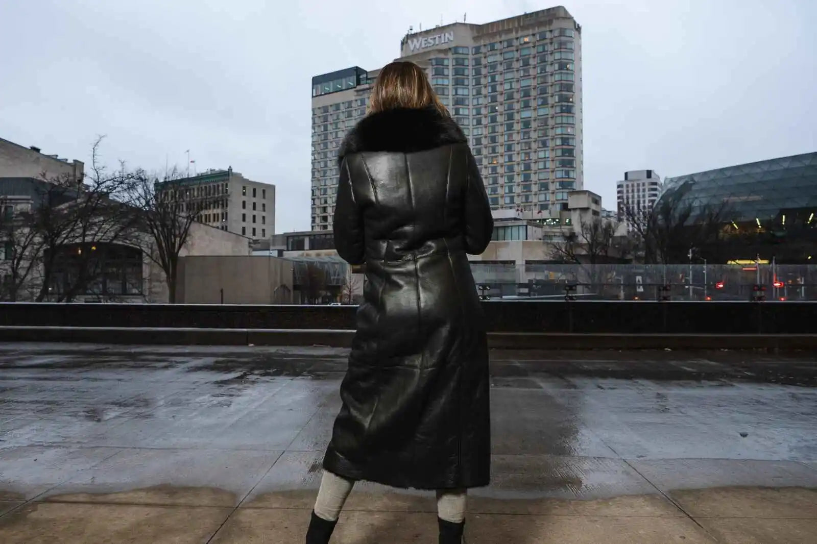 Caitlan's Black Shearling Sheepskin Full Length Long Coat With Fox Fur Trim