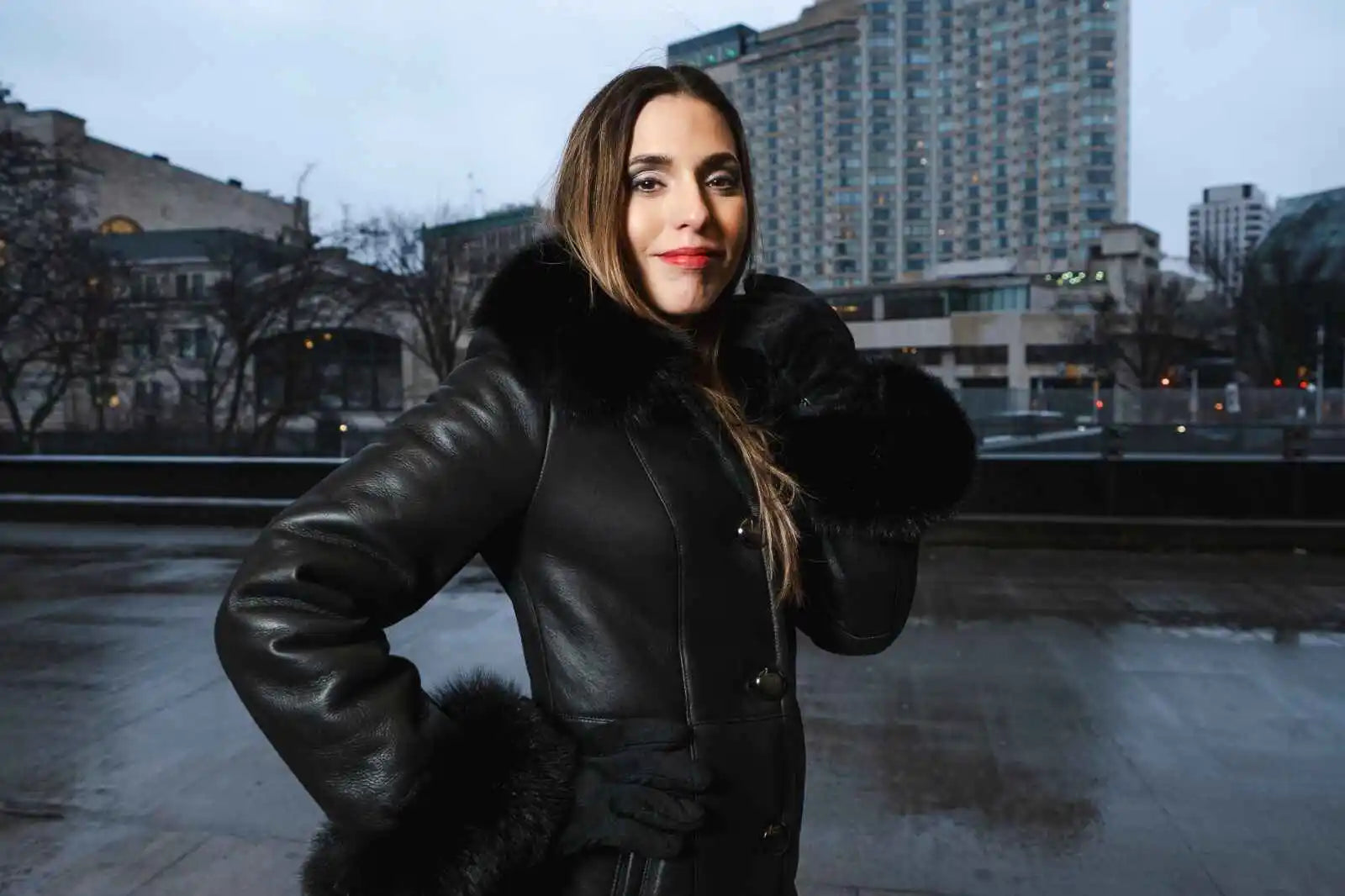 Caitlan's Black Shearling Sheepskin Full Length Long Coat With Fox Fur Trim