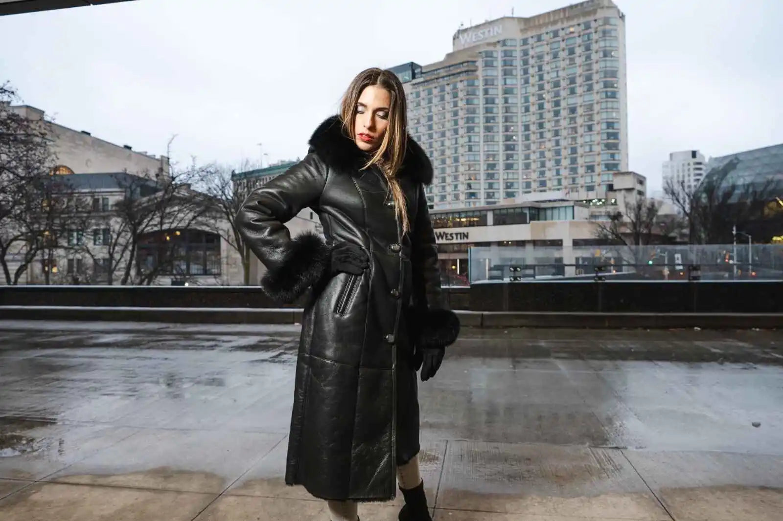 Caitlan's Black Shearling Sheepskin Full Length Long Coat With Fox Fur Trim