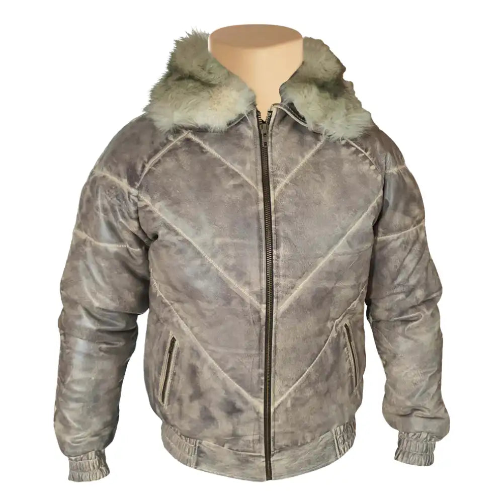 Casper V-Bomber Leather Puffer Jacket with White Fox Fur Collar