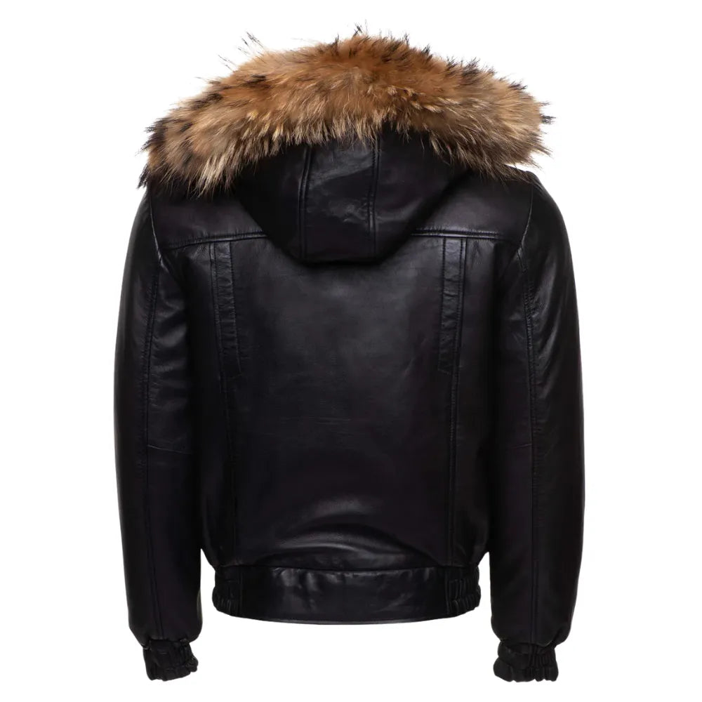 Castillos bomber Winter Leather Jacket with Real fox fur hoodie