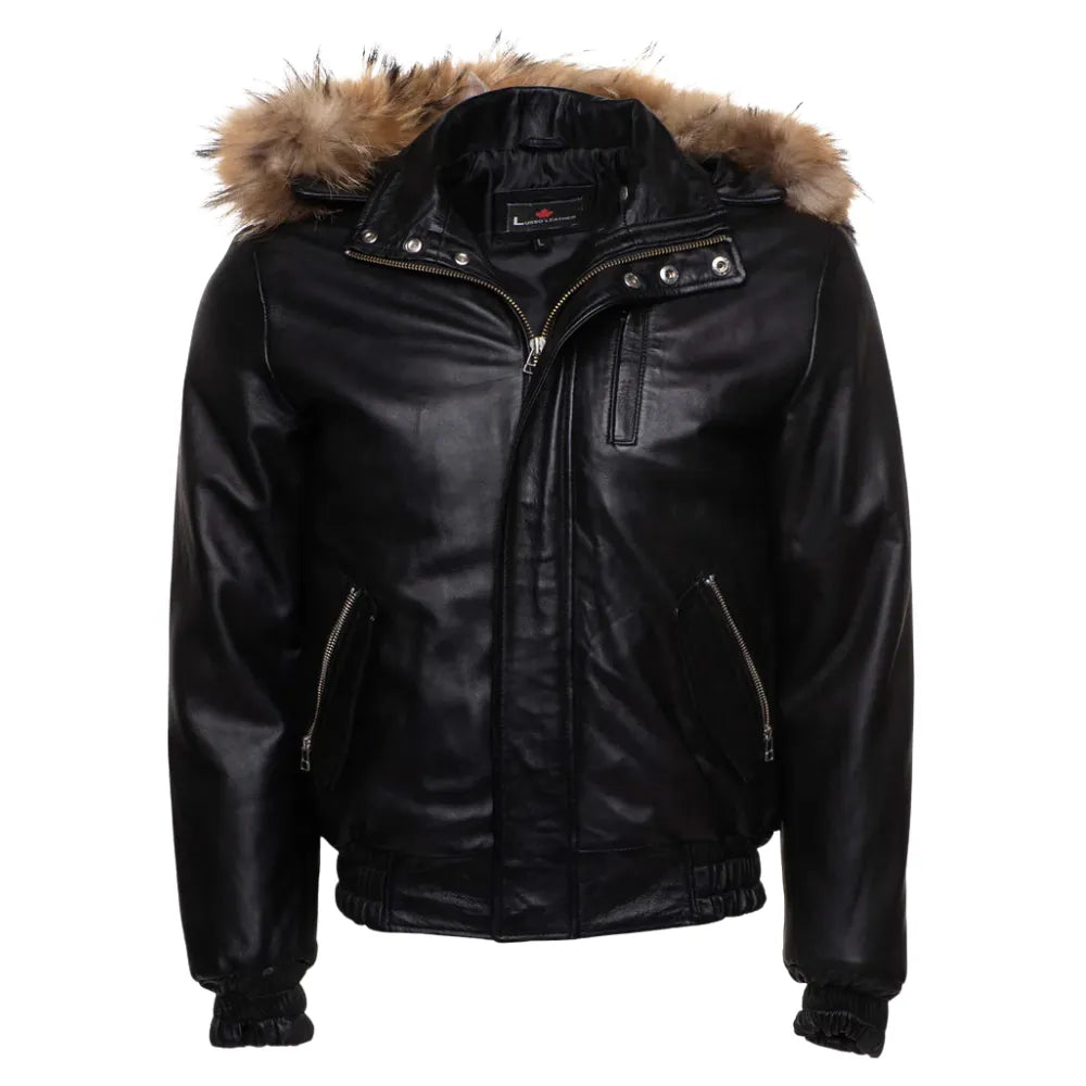 Castillos bomber Winter Leather Jacket with Real fox fur hoodie