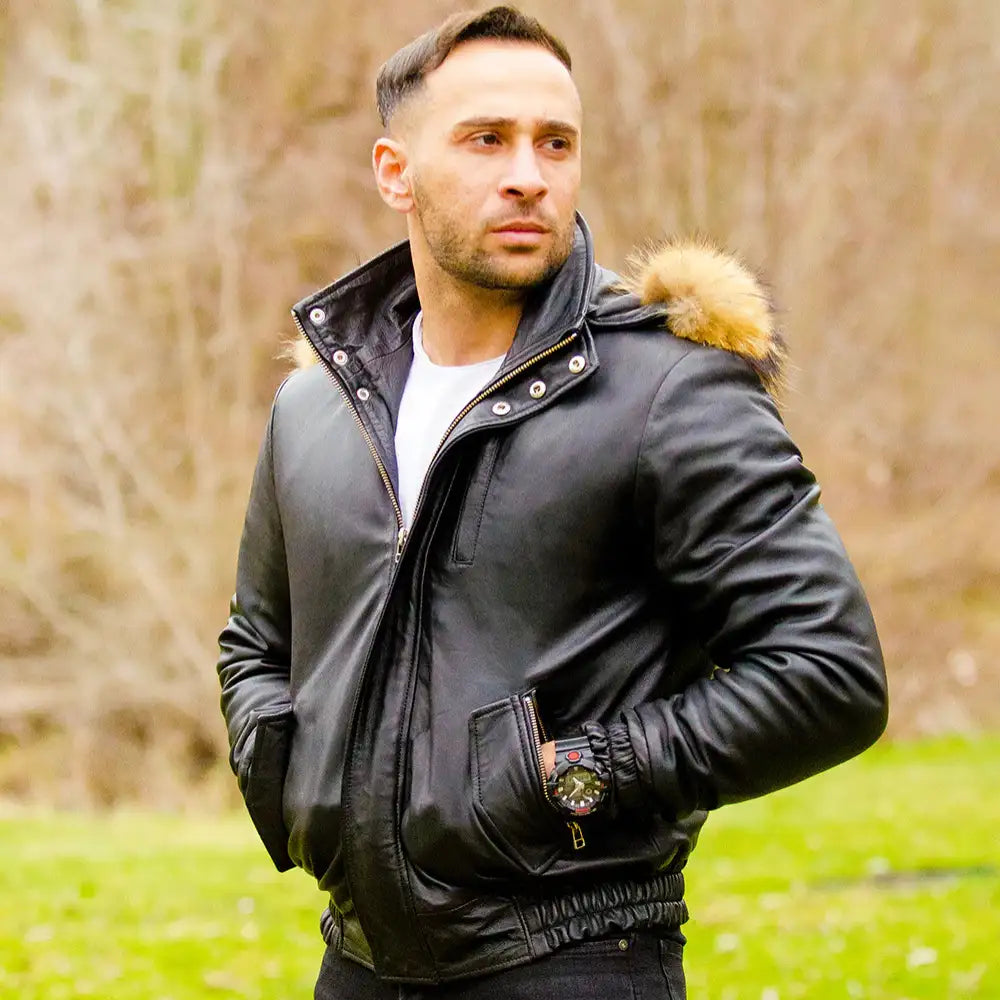 Castillos bomber Winter Leather Jacket with Real fox fur hoodie