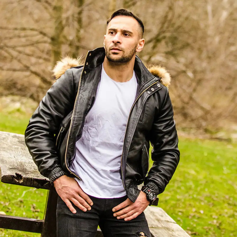 Castillos bomber Winter Leather Jacket with Real fox fur hoodie