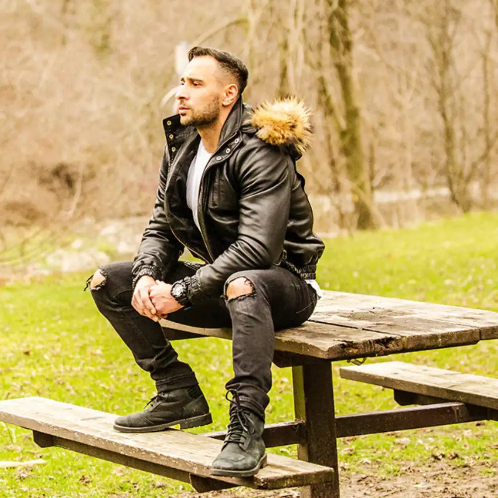 Castillos bomber Winter Leather Jacket with Real fox fur hoodie