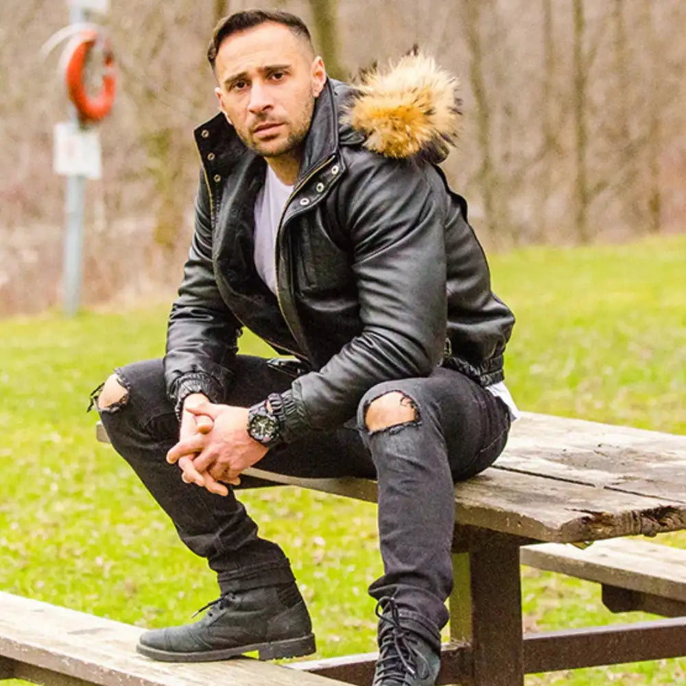 Castillos bomber Winter Leather Jacket with Real fox fur hoodie