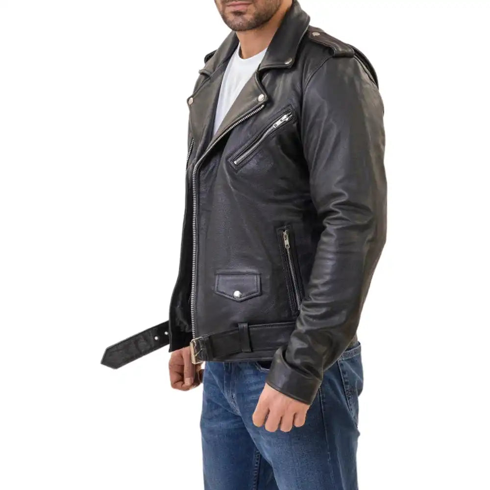Classic Black Leather Motorcycle Jacket with Armor