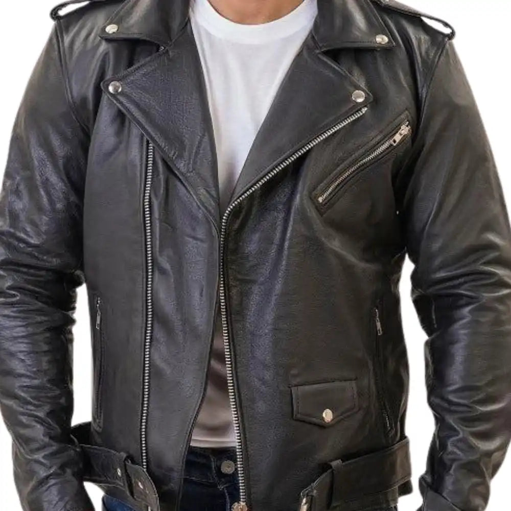Classic Black Leather Motorcycle Jacket with Armor