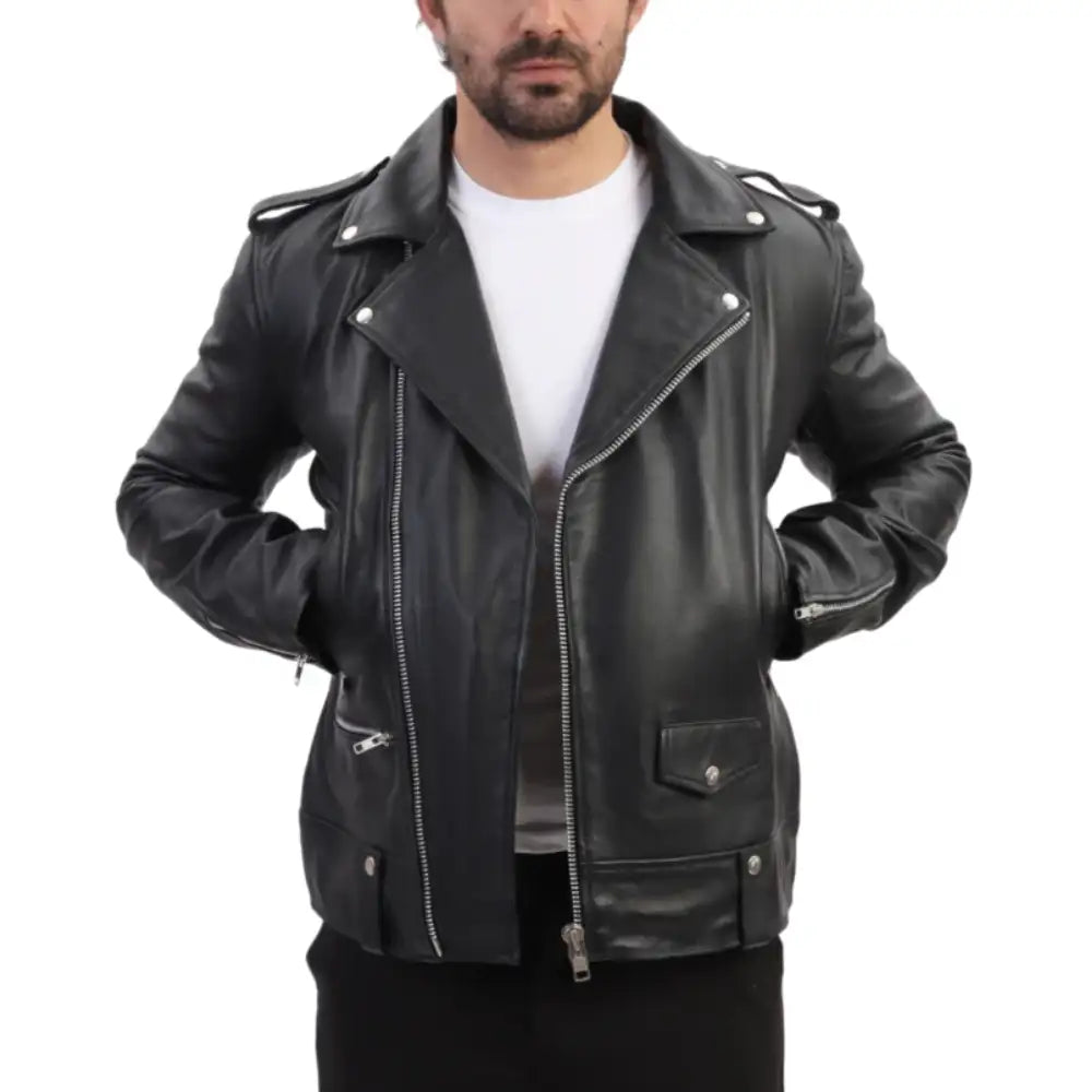 Classic Leather Biker Jacket with Epaulette