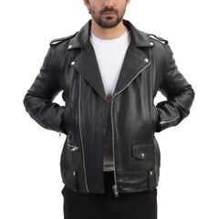 Classic Leather Biker Jacket with Epaulette